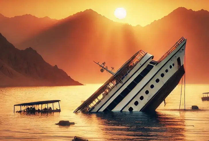 The Sea Story, sank in a red sea after a big wave hit.